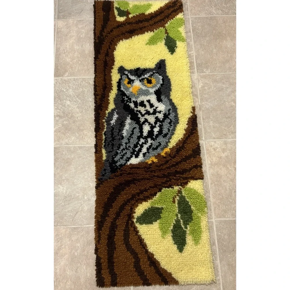 1970s Large Vintage Great Gray Owl Latch Hook Wall Hanging 16x48